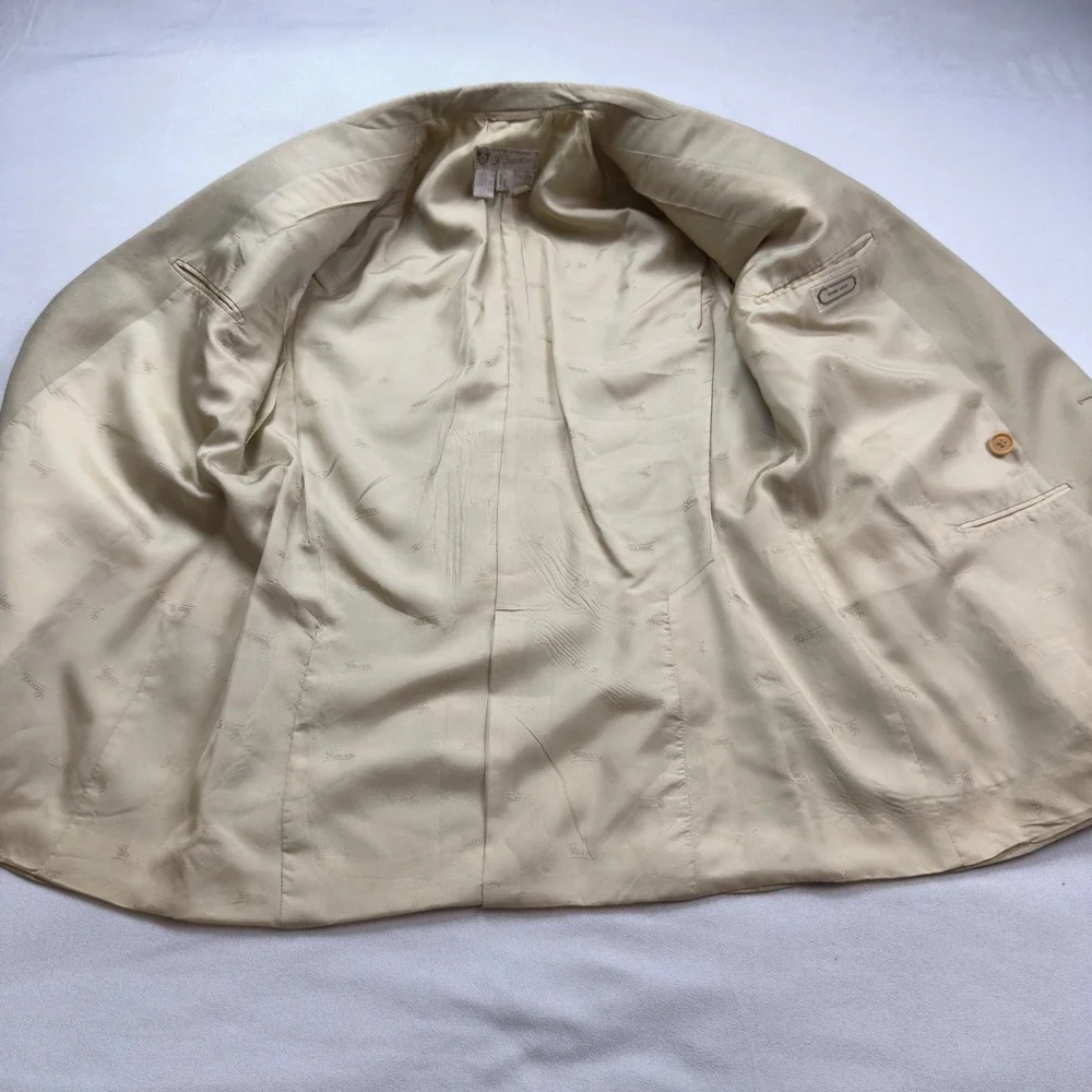 Vintage Gucci Mens Pure Silk Double Breasted Blazer Tan Beige 52R Made in Italy